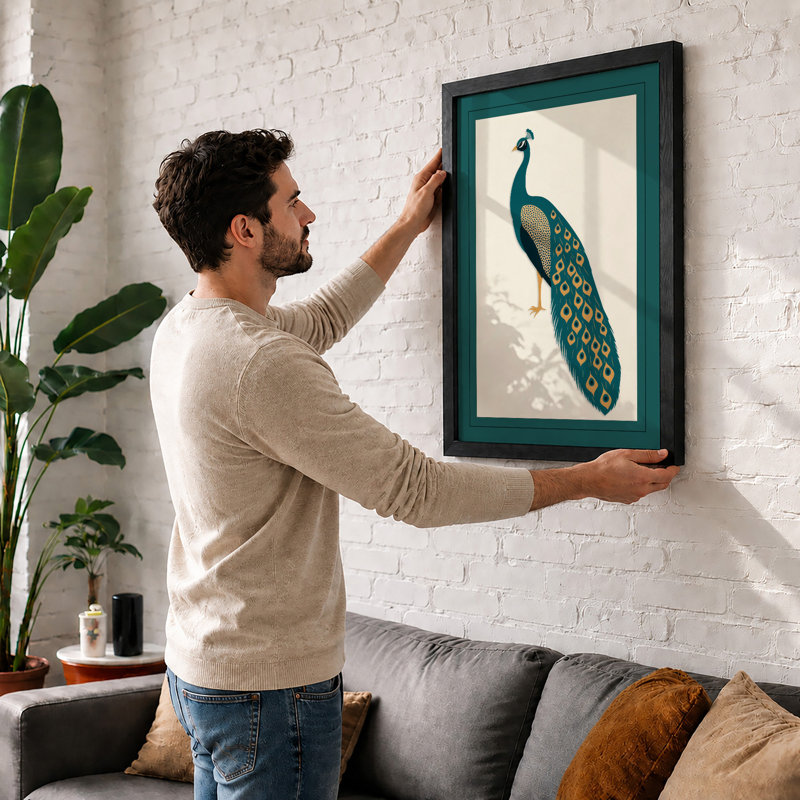 Elegant Peacock Profile Botanical - Framed Print, A2 - 59.4 x 42.0 cm, Black
