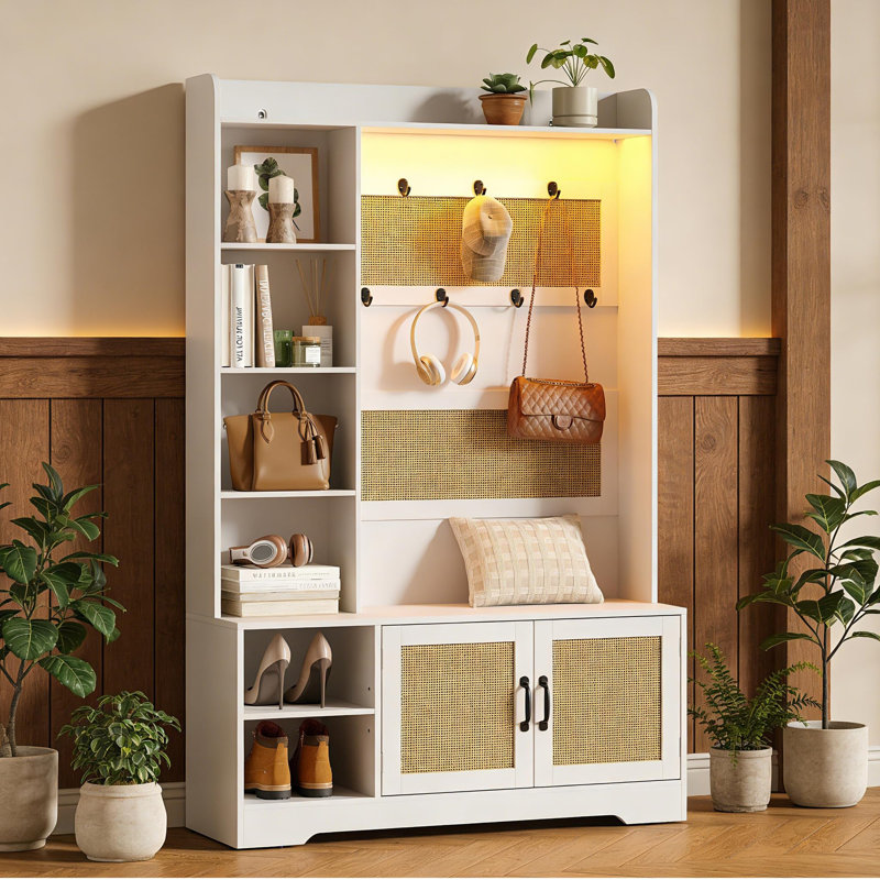 67" H Entryway Rattan Hall Tree With Shoe Storage Bench