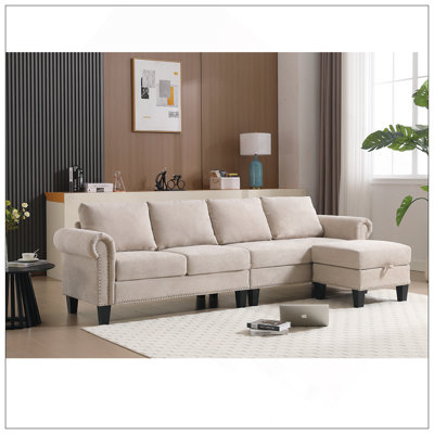 Canapé modulaire convertible avec rangement, canapé en L, canapé quatre places, canapé modulaire en tissu de lin moderne pour le salon