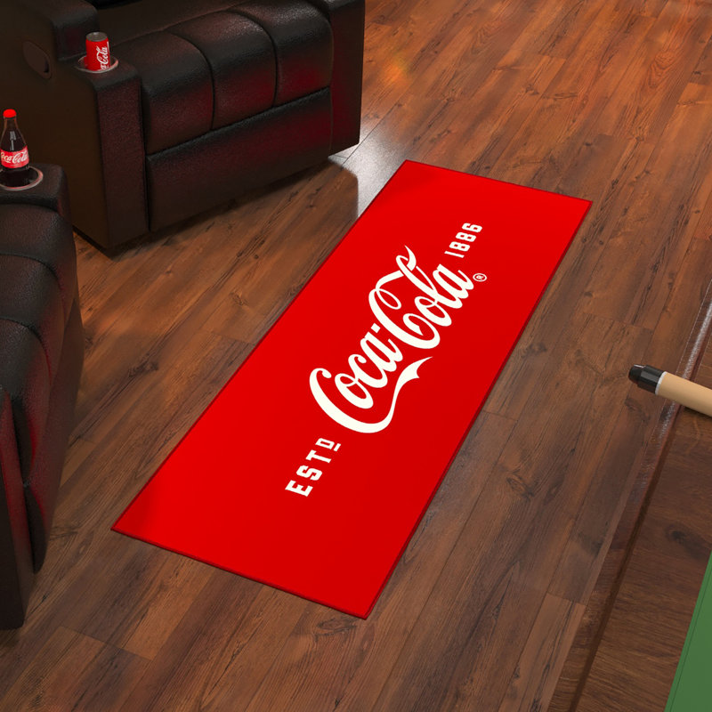 Coke Man Cave Bedroom Kitchen Coca-Cola Logo Non-Slip Rug, Red, Runner 1'8" x 4'11"