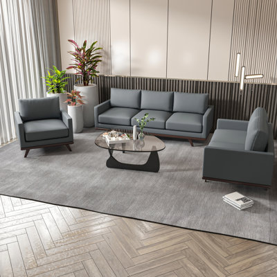 Modern 3-Piece Sofa Set, Living Room Couch Set with Loveseat and Accent Chair, Upholstered Leather with Birch Wood Frame Taniela Collection