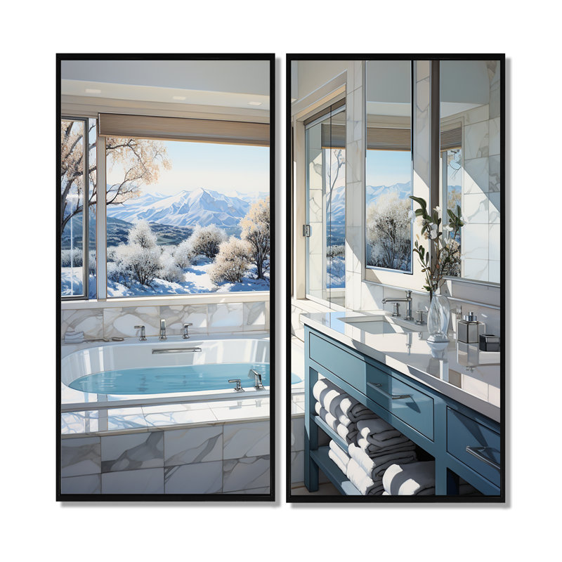 Salle de bain impeccable et moderne - Art mural sur toile traditionnel 2 panneaux, H 20 po x l 24 po, Noir