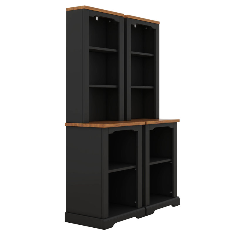 2-Piece Freestanding Tall Cabinet With Walnut Top, Open Storage Bookshelf With Curved Design, Anti-Tip Device, Black