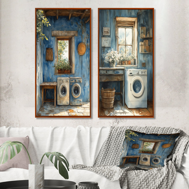 Blue Washday Blues I - Ensemble de 2 pièces d'art mural, H 28 po x l 24 po, Impression encadrée, Brun
