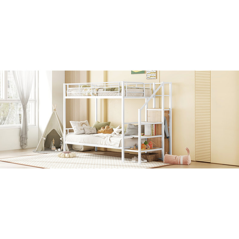 Lit simple superposé au-dessus de métal en blanc avec côté et garde-robe - Pratique, élégante et polyvalente, Lit simple