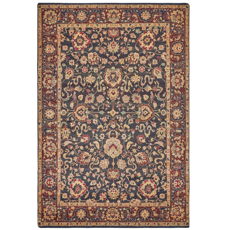 Handmade Black Floral Wool 10' x 14' Area Rug