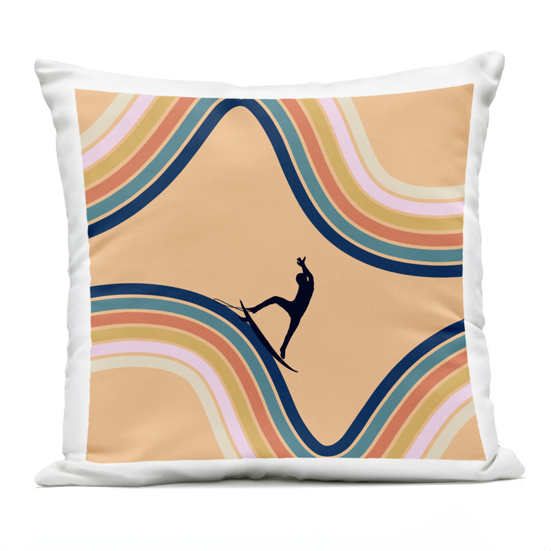 Retro Surfer Riding Wave Outdoor Printed Pillow design by Ashley Singleton