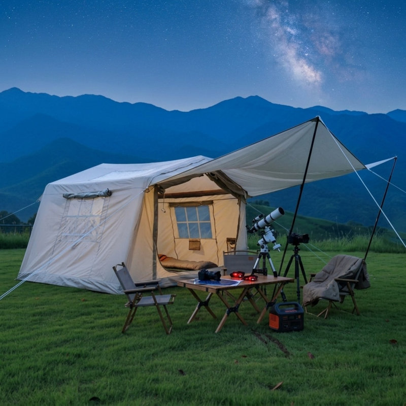 Tente de camping gonflable de 8,2 pi x 10,5 pi à hauteur centrale de 6,9 pi, tente imperméable toutes saisons pour 4 à 8 personnes avec auvent très grand, portes en filet, poêle et ouverture de climatisation pour le camping dans la cour arrière