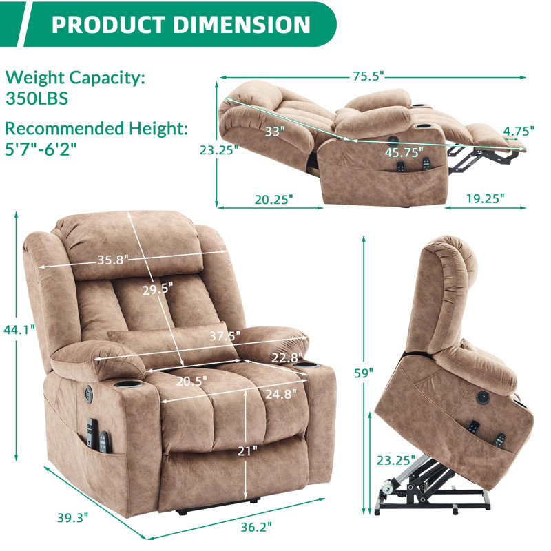 Latitude Run® Tall Large Dual Motor Power Lift Recliner Chair With Extended Footrest, Oversized Lay Flat Sleeper Electric Recliner W/Heat & Massage, Lumbar Pillow, Usb & Type-C Ports