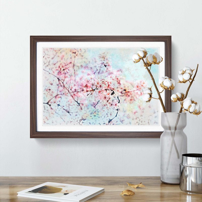 Japanese Cherry Tree in Pink in Abstract - Picture Frame Graphic Art Print, 27cm H x 36cm W x 2cm D, Walnut Framed