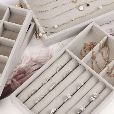 Velvet Jewelry Display Tray 4 Pack Stackable Jewelry Organizer for Earrings Rings Necklaces Bracelets