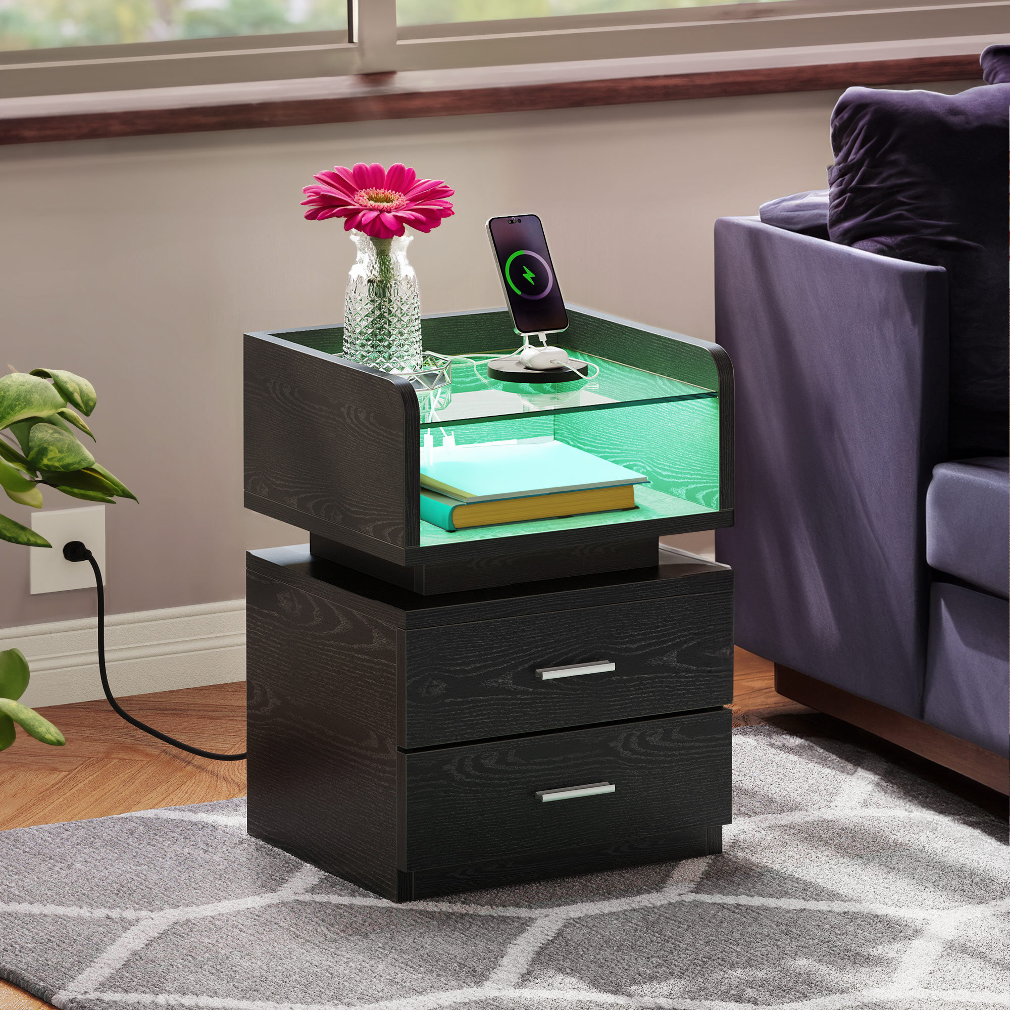 Wrought Studio Kazuki 2Drawer Black Glass Top Nightstand with Builtin