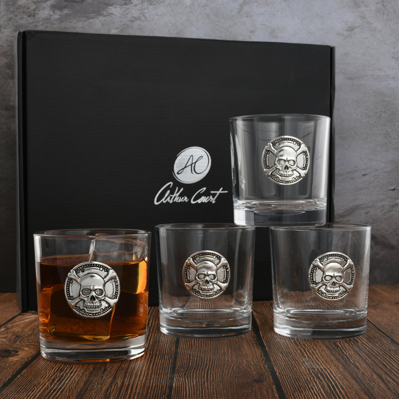 Arthur Court Skull Accent Pewter Whiskey Glass Set (Set of 4)