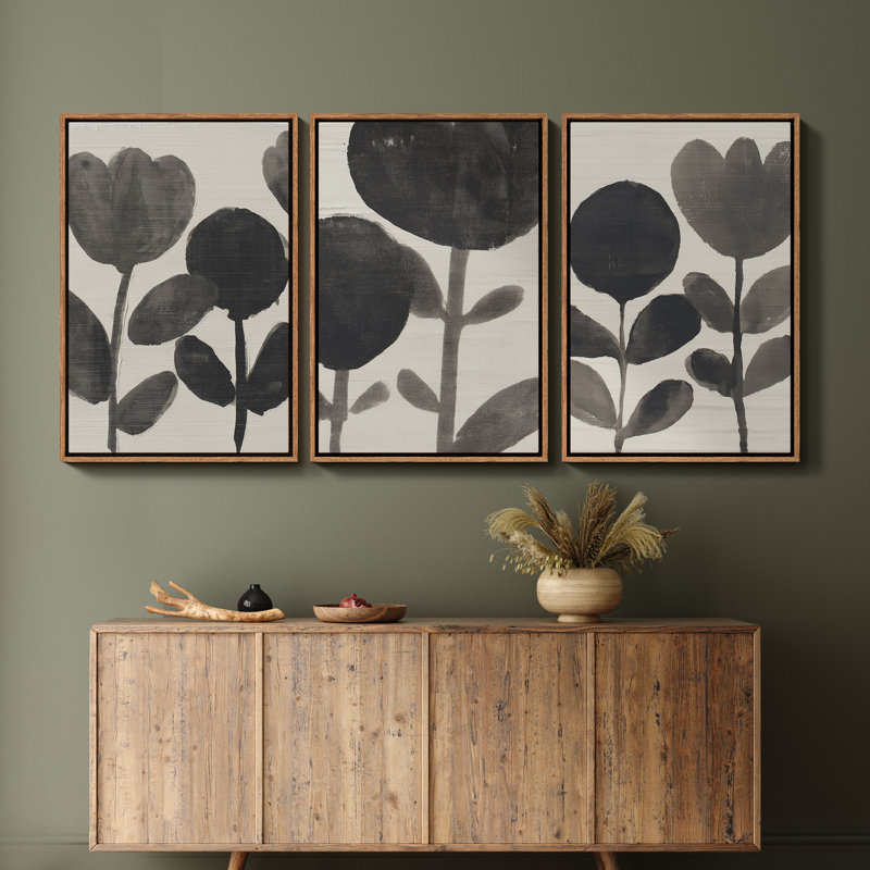 «Minimal Black Leaf Botanical Modern Nature», art mural encadré 3 pièces, 36" H x 24" W, Naturel