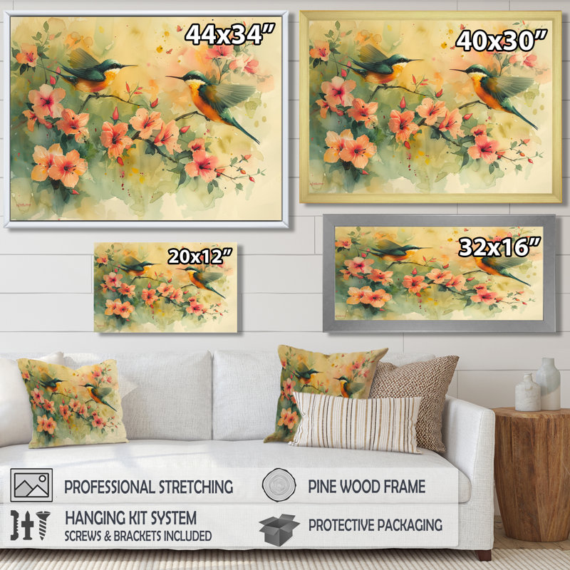Fleurs jaunes et vertes d'Eden Birds IV - Art mural, salon, Toile encadrée noire simple, H 34 po x l 44 po x P 1,5 po