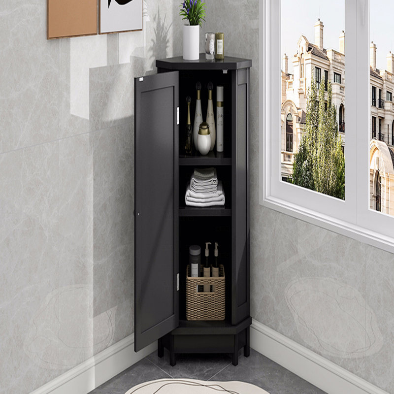 Armoire de rangement en coin noire avec tablettes réglables et porte simple