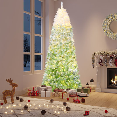 Arbre de Noël 6 pi avec arbre de Noël pré-éclairé, dégradé vert, flocon de neige, 100 lumières DEL bicolores et 320 branches