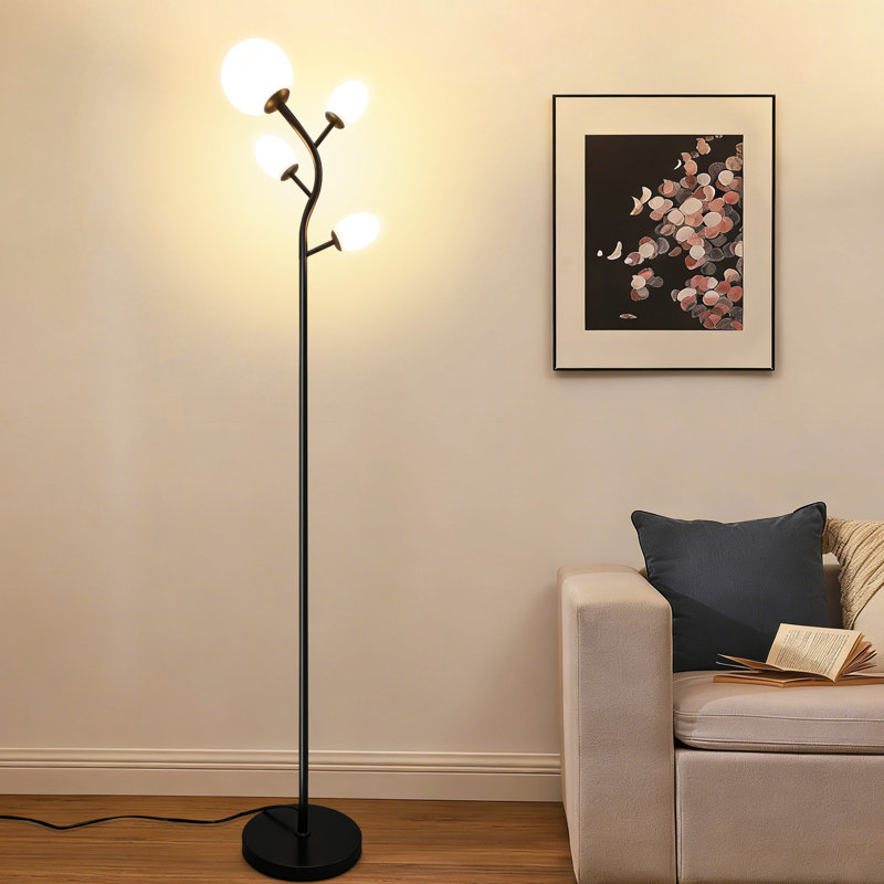 Modern Tree Floor Lamp With 4 Light Bulbs , Black Standing Lamp With Frosted Glass Shade For Living Room & Bedroom, Black