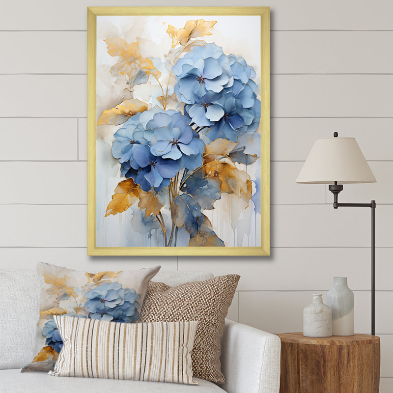 Bouquet d'éclat bleu et doré minimalisme, Cadre doré simple, H 44 po x l 34 po x P 1,5 po