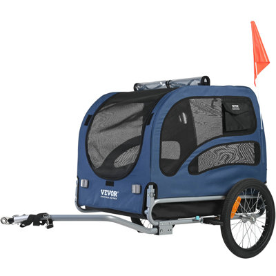 Remorque pour chien, supportant jusqu'à 100 lb, chariot de transport pour animal de compagnie, cadre pliant facile avec roues à dégagement rapide, coupleur de vélo universel, réflecteurs, drapeau, pliable pour le rangement, bleu / noir