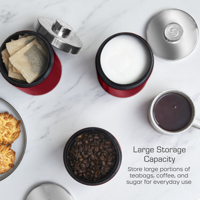 Swan Townhouse Set of 3 1.6L Kitchen Storage Canisters for Tea, Coffee, and Sugar with Pull Chrome Handles, Airtight Lids, Colour Coated Iron and Chrome Accents