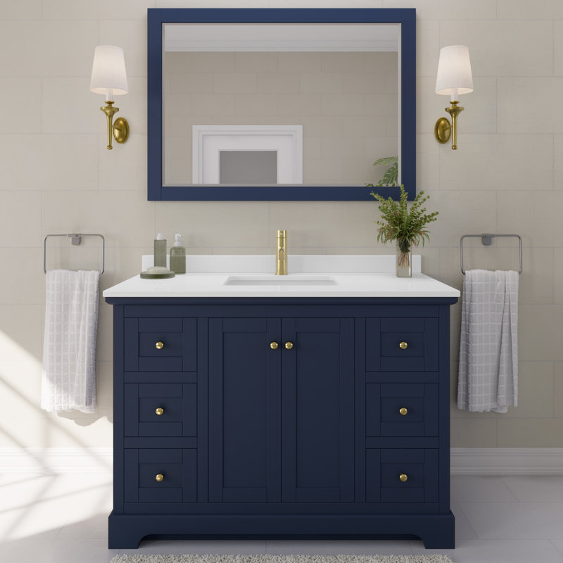 Avery 48'' Single Bathroom Vanity with Marble Top, White Cultured Marble, Dark Blue, Brushed Gold