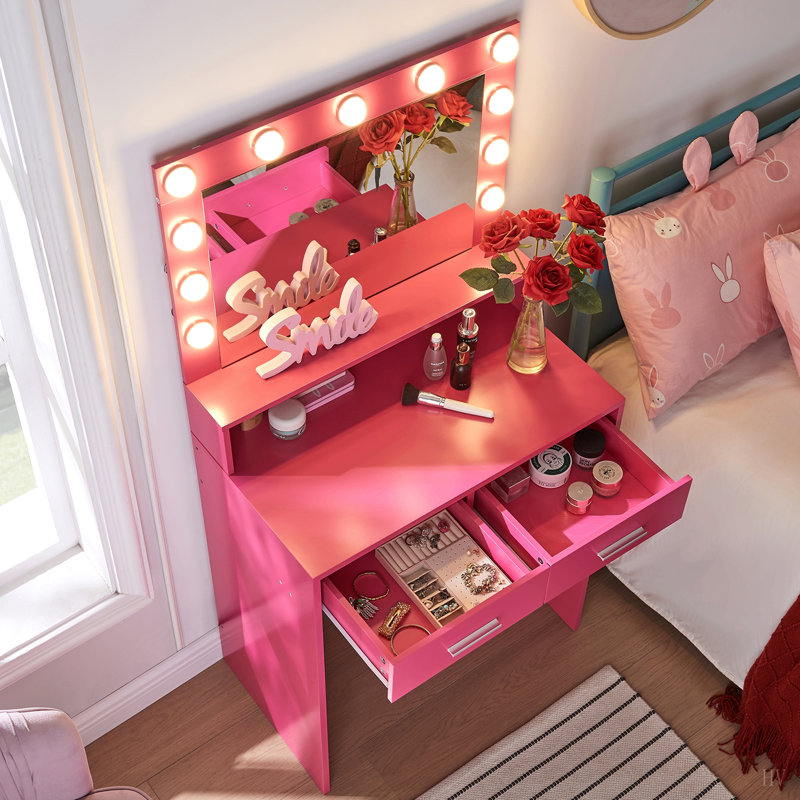 Bureau de coiffeuse avec miroir et lumières, coiffeuse avec grand tiroir, commode de rangement à 2 niveaux et 3 modes d'éclairage à luminosité réglable, convient à la chambre à coucher
