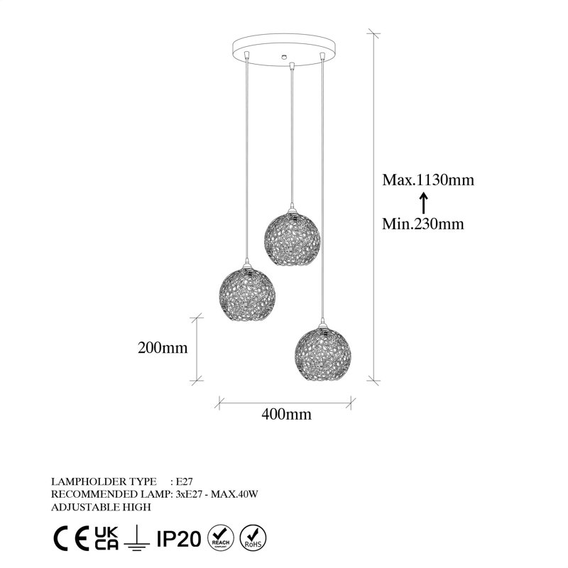 Luminaire suspendu en sphères groupées à 3 lumières