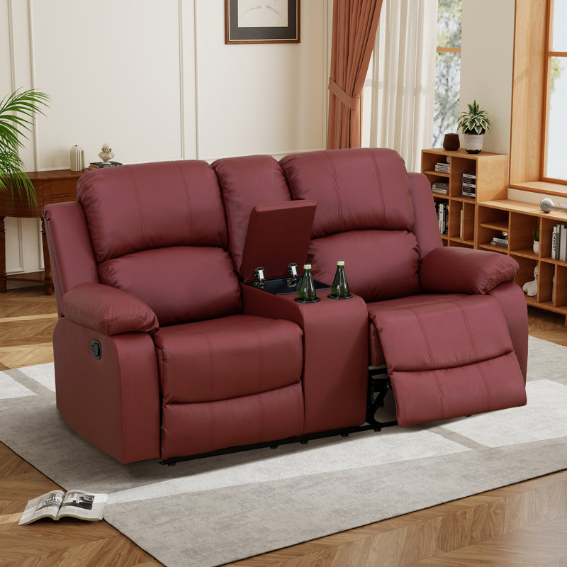 Double Manual Recliner Chair, Overstuffed Loveseat w/ Cupholders, Leather, Red, Red