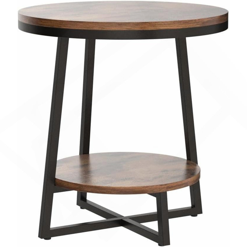 Table de bout industrielle 19,68 "avec tablette de rangement - Table d'appoint ronde à 2 niveaux pour petits espaces, brun rustique - Table de chevet, table de chevet ou table basse robuste pour le salon et la chambre à coucher