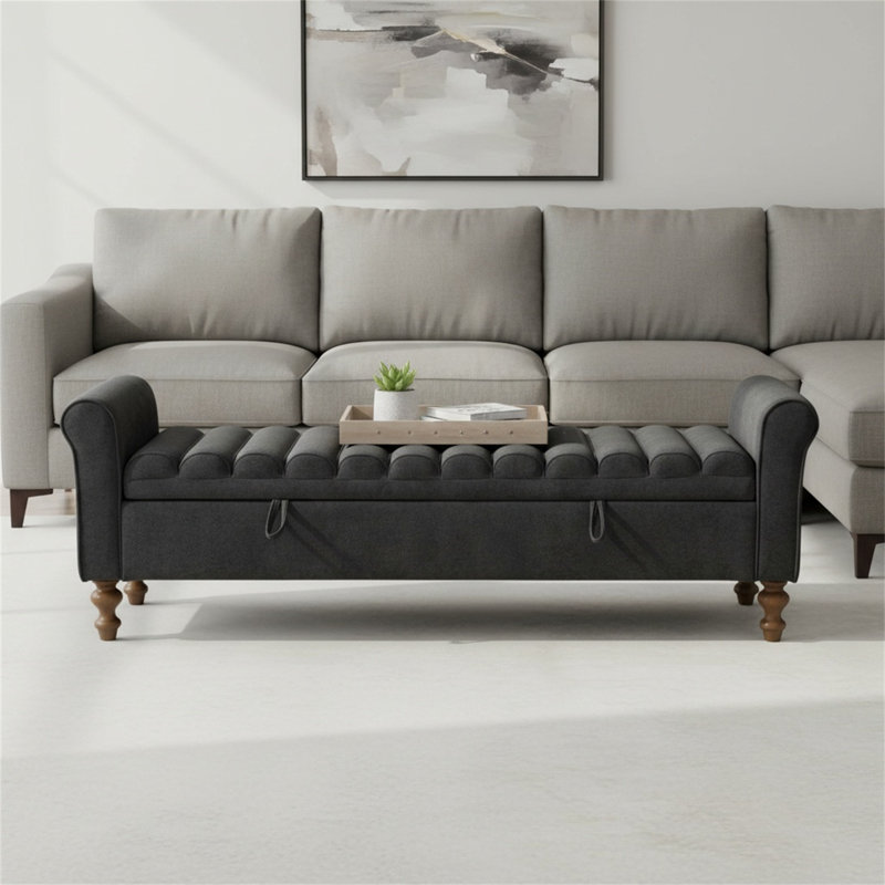 Banc de rangement à double couvercle avec siège rembourré, pieds en bois d'hévéa et accoudoirs à bord roulé, Gris anthracite