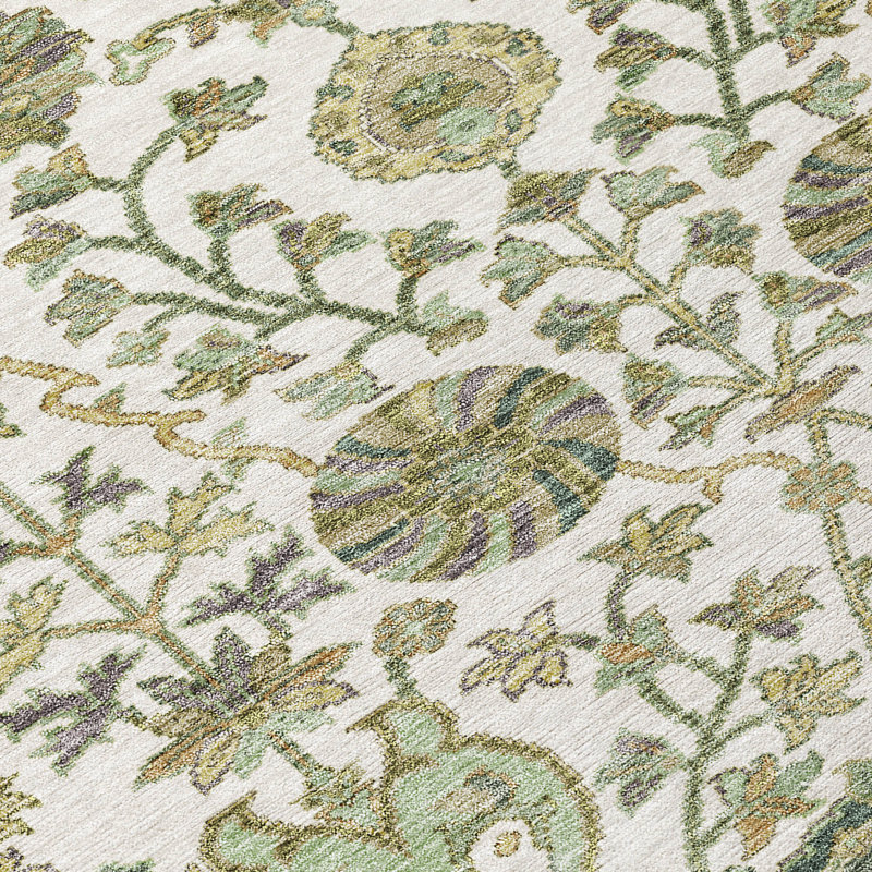 Ivory and Green Floral Synthetic Washable Rug, 3' x 5'