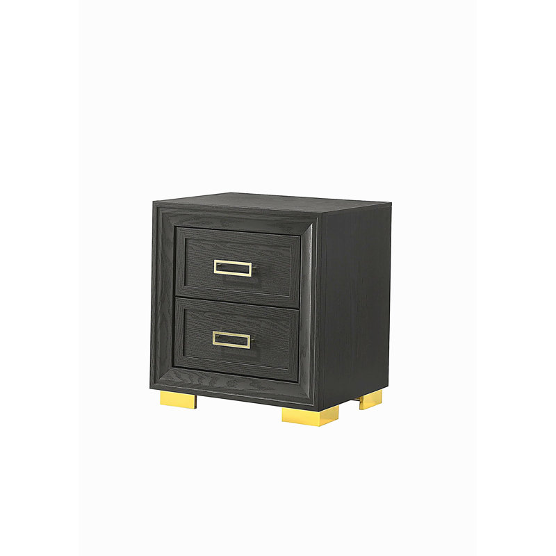 Ensemble de 1 table de chevet à 2 tiroirs de style moderne de luxe avec finition en or noir et quincaillerie de chambre à coucher or