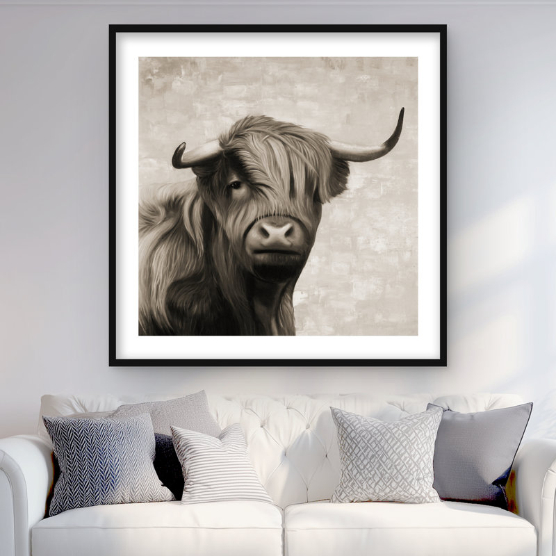 Highland bovins sépia | «Farmhouse Animals», reproduction encadrée, H 36 po x l 36 po, Beige, Noir