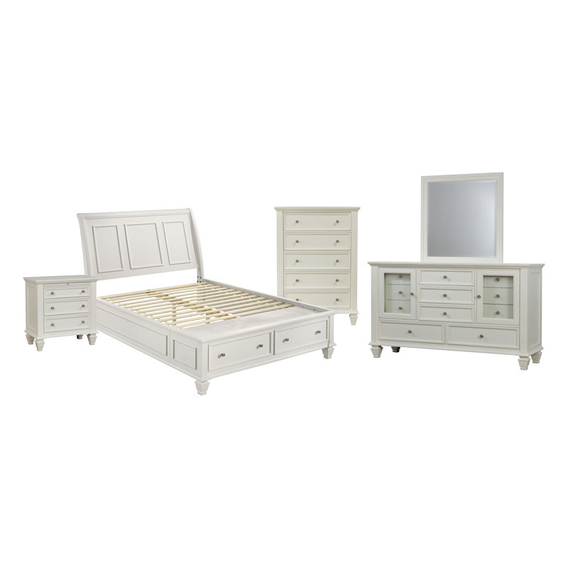 Ensemble de chambre à coucher Beach Eastern, Blanc, Très grand lit, 5 pièces: lit, table de chevet, commode, miroir, 