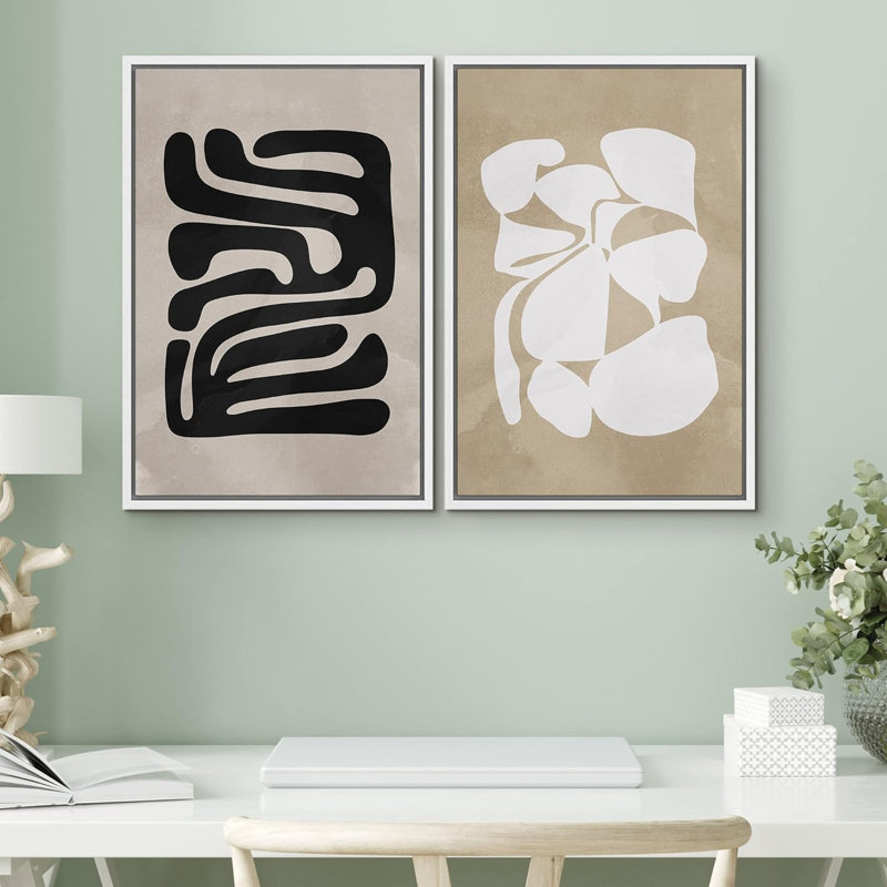 «Black Lines Over Tan Plain», 2 pièces, H 24 po x l 16 po, Blanc