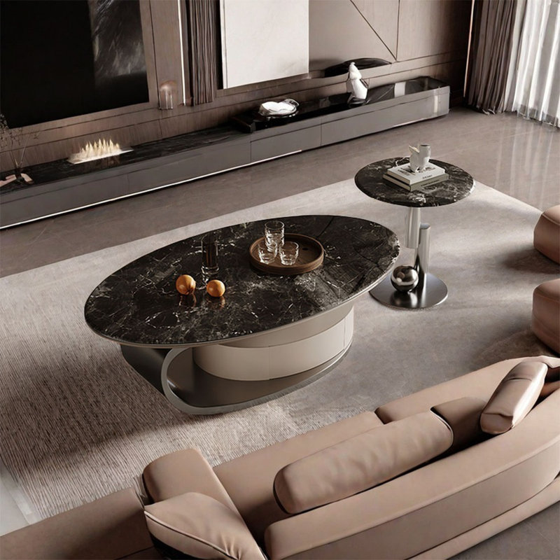 Table basse ovale en pierre supercristalline, Noir, noir, noir, noir, H 16,5 po x L 55,1 po x l 31,5 po
