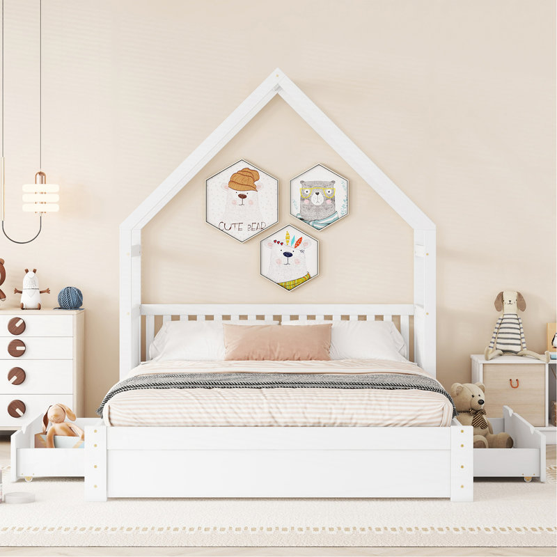 Grand lit plateforme en bois avec garde-corps et 2 tiroirs, blanc, Blanc