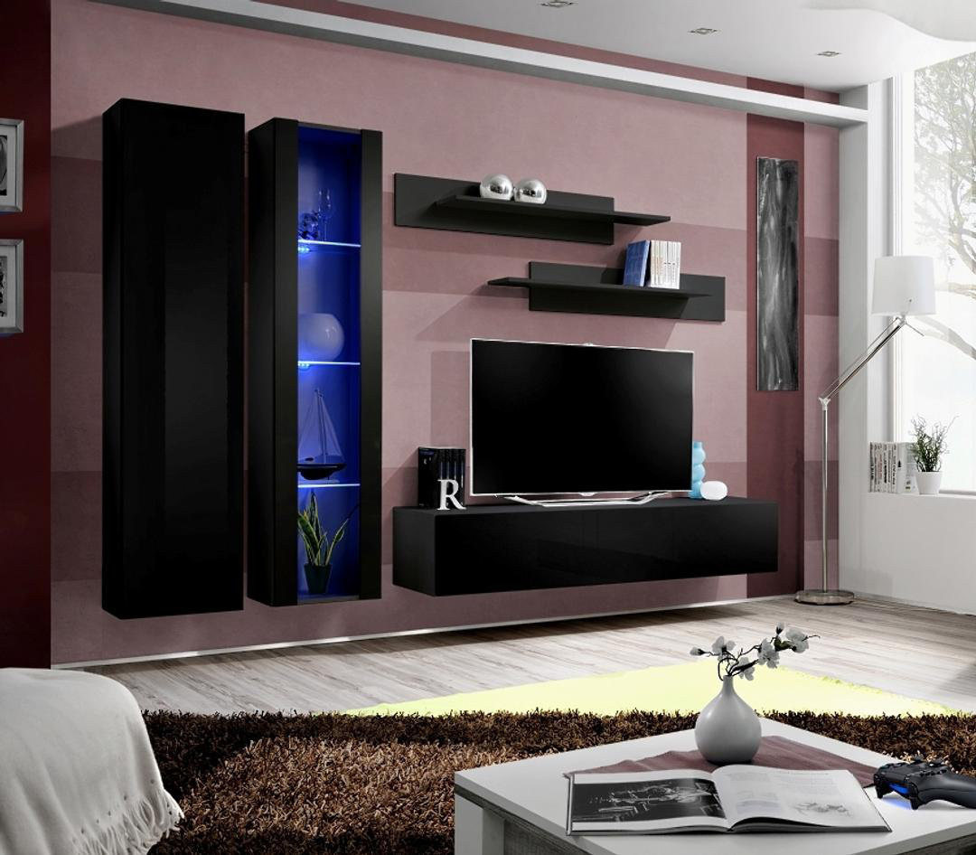 Fly A4 Black Entertainment Wall 260cm - LED-Lit Modular Storage for Sophisticated Interiors