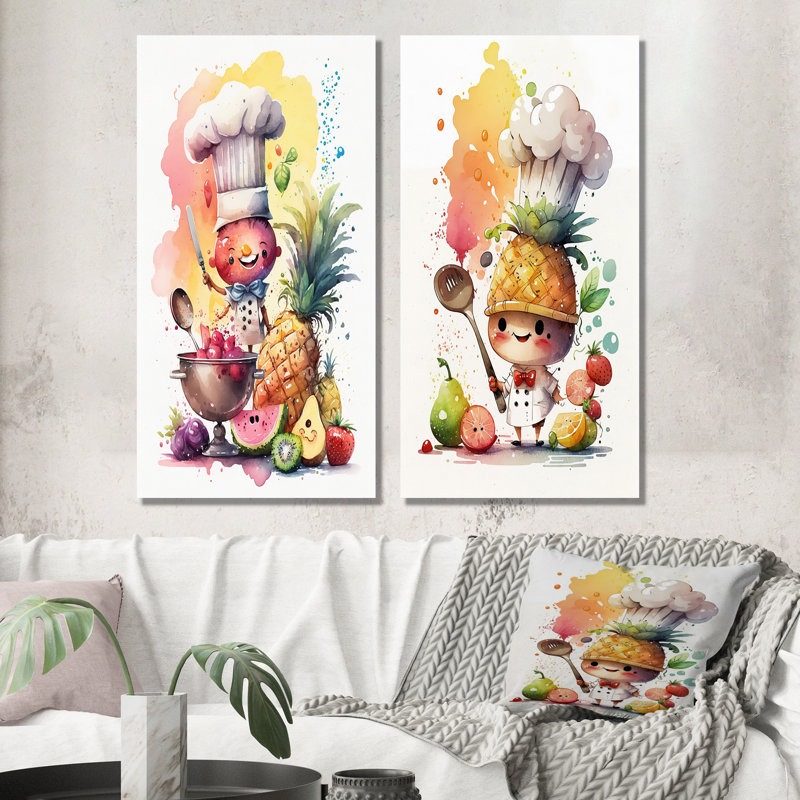 «Cute Chef Cooking With Fruit», 2 pièces sur toile, Toile tendue, H 24 po x l 20 po