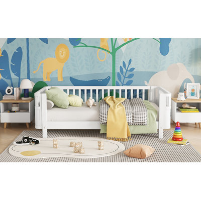 Twin Size Wood Platform Bed For Kids, Wood Low Profile Twin Bed With Rails
