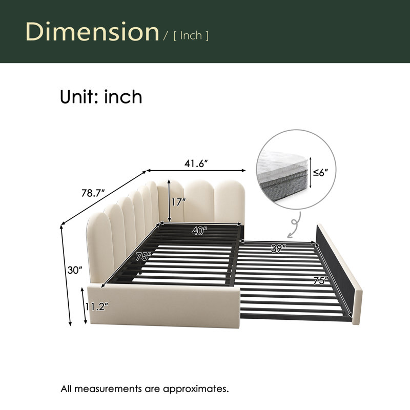 Upholstered Bed Daybed With Pull-Out Bed, Twin Size Single Sofa Bed，Metal Slatted Frame, Velvet, Beige