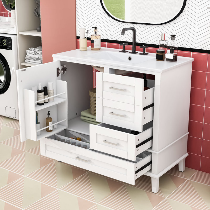 Meuble-lavabo autoportant moderne avec lavabo en céramique lisse, porte à fermeture en douceur et rangement polyvalent, Blanc