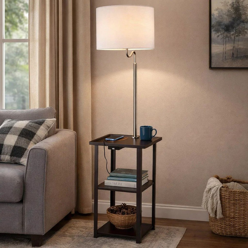 Lampe de table décorative avec tablettes et ports USB, 58 po, abat-jour tambour blanc