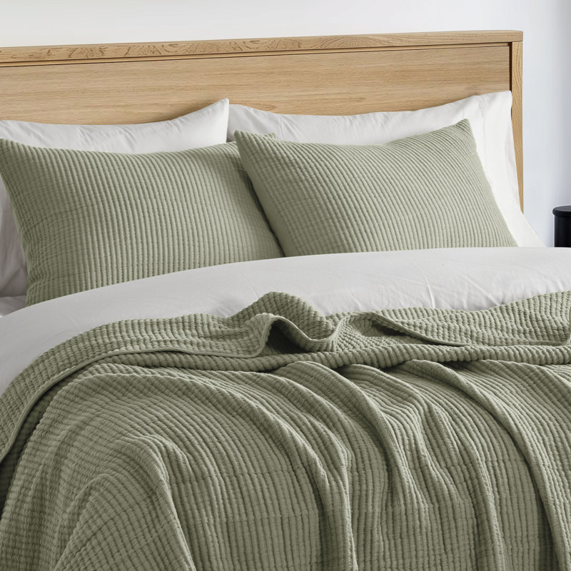 Ensemble de couvre-lit en coton côtelé matelassé, Courtepointe pour lit grand + deux taies décorati, Vert sauge