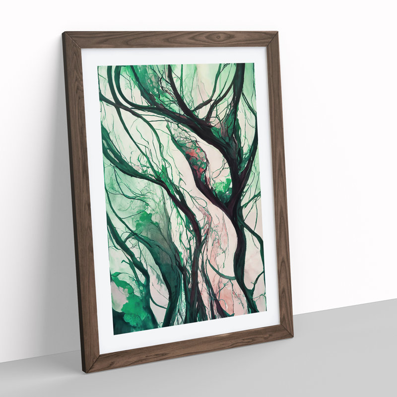 The Abstract Trees No.1 - Print, White, Walnut Framed Paper, 66cm H x 48cm W