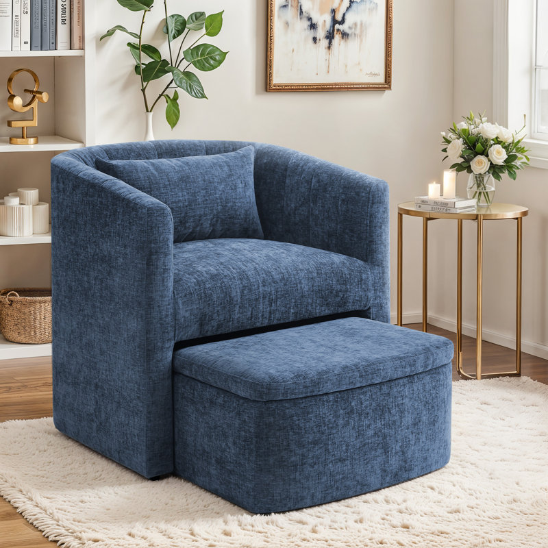 Fauteuil demi-tonneau avec repose-pieds , Lin bleu