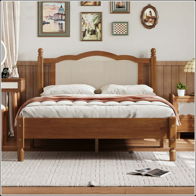 Full Size Wooden Platform Bed with Natural Rattan Headboard and Wooden Slat Support