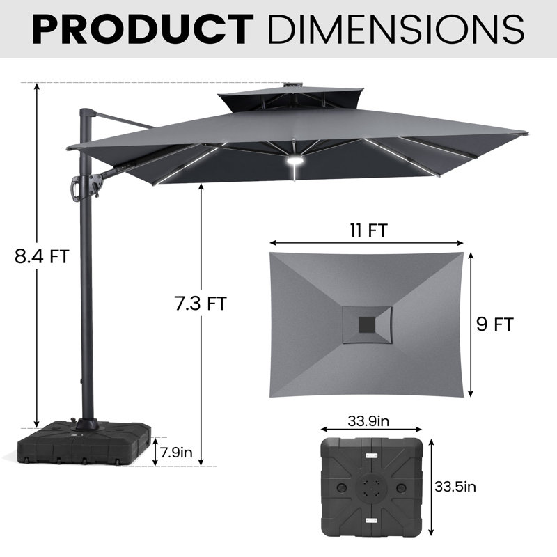 9 X 11 Ft Solar Led Light Rectangular Patio Cantilever Umbrella with Weighted Base, Dark Gray