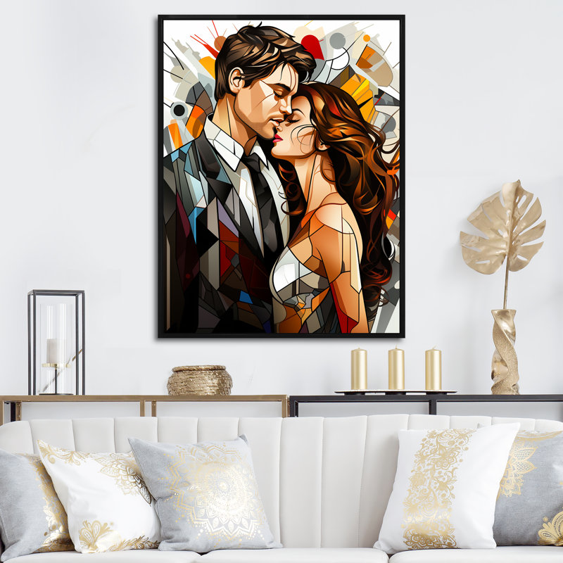Portrait de couple abstrait en mosaïque, Cadre flottant noir, H 44 po x l 34 po x P 1,5 po